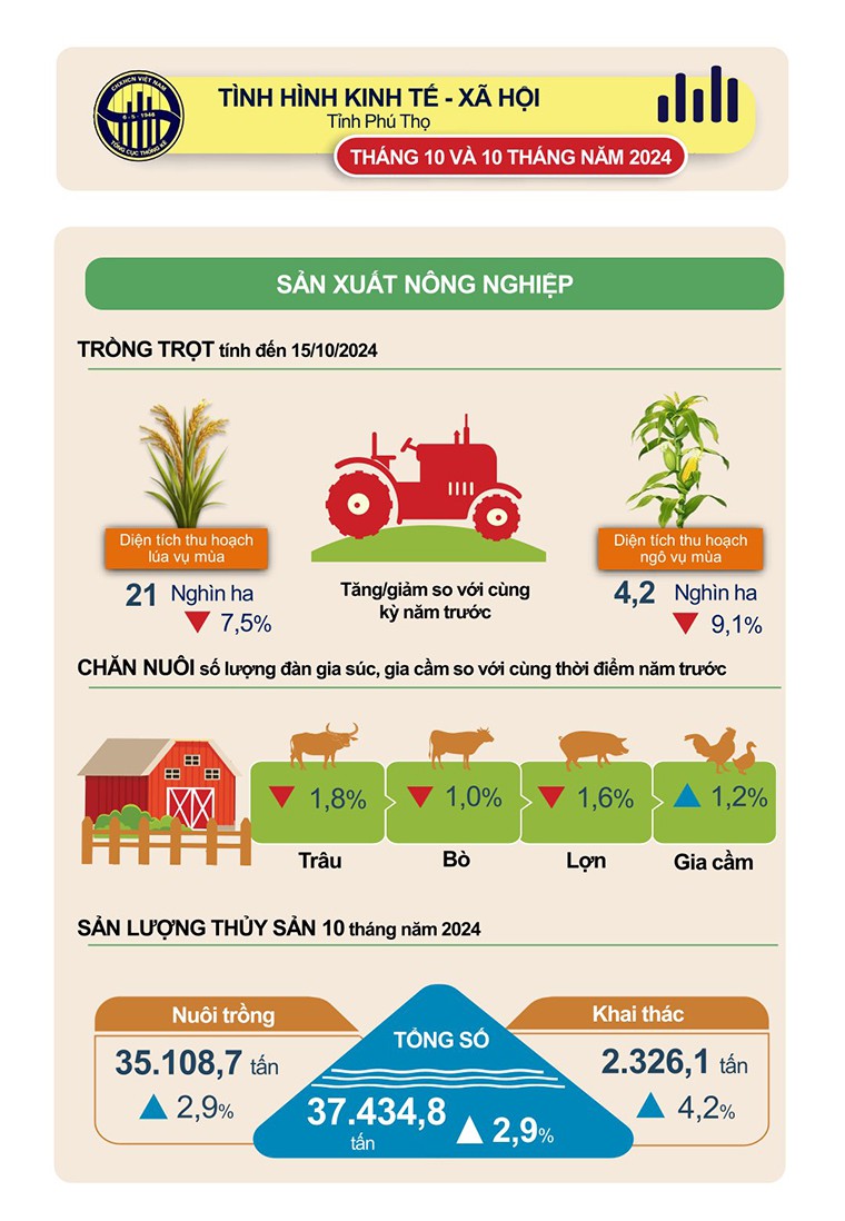 [Infographics] Số liệu thống kê chủ yếu tỉnh Phú Thọ 10 tháng năm 2024